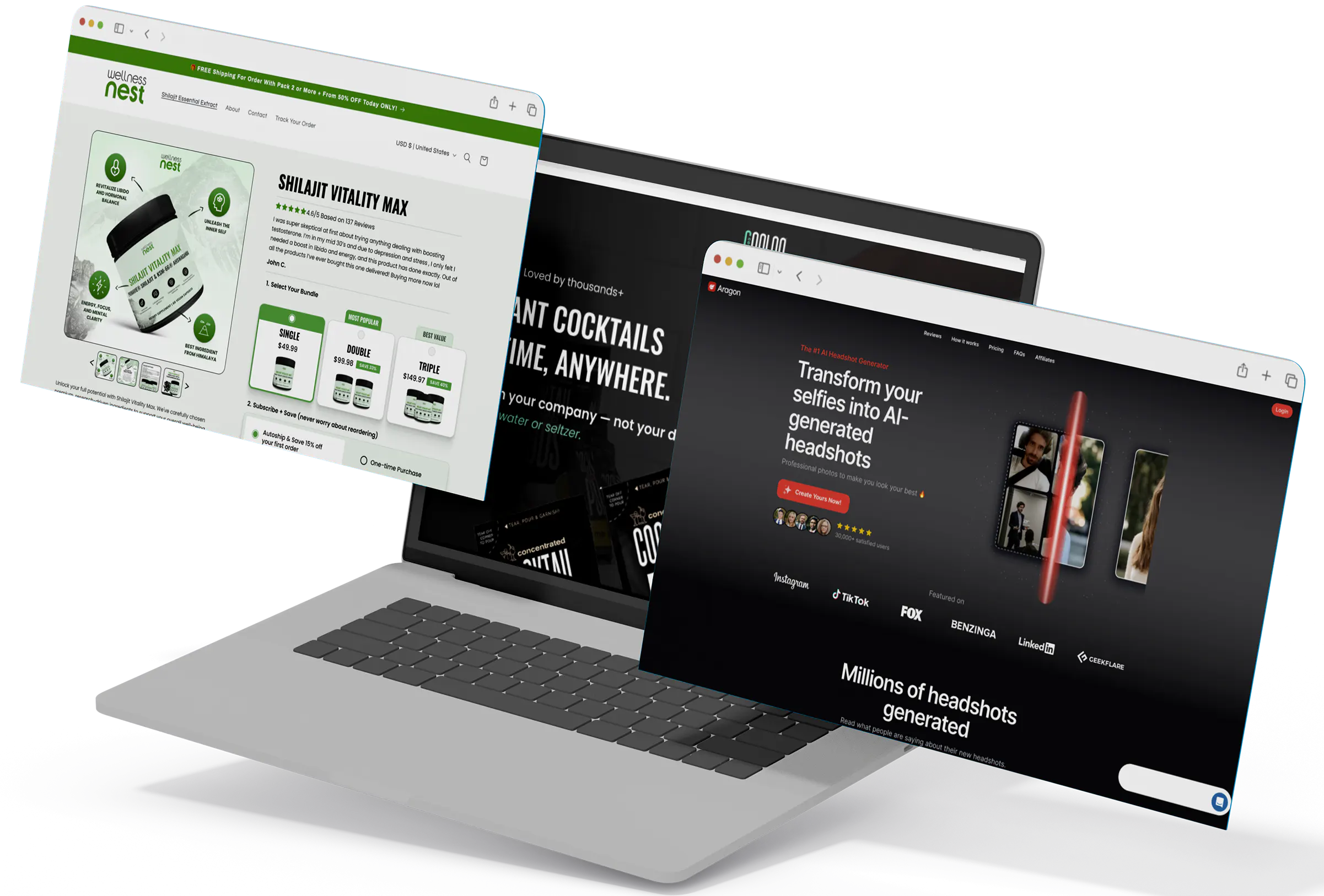 Landing page template mockups displayed on a laptop