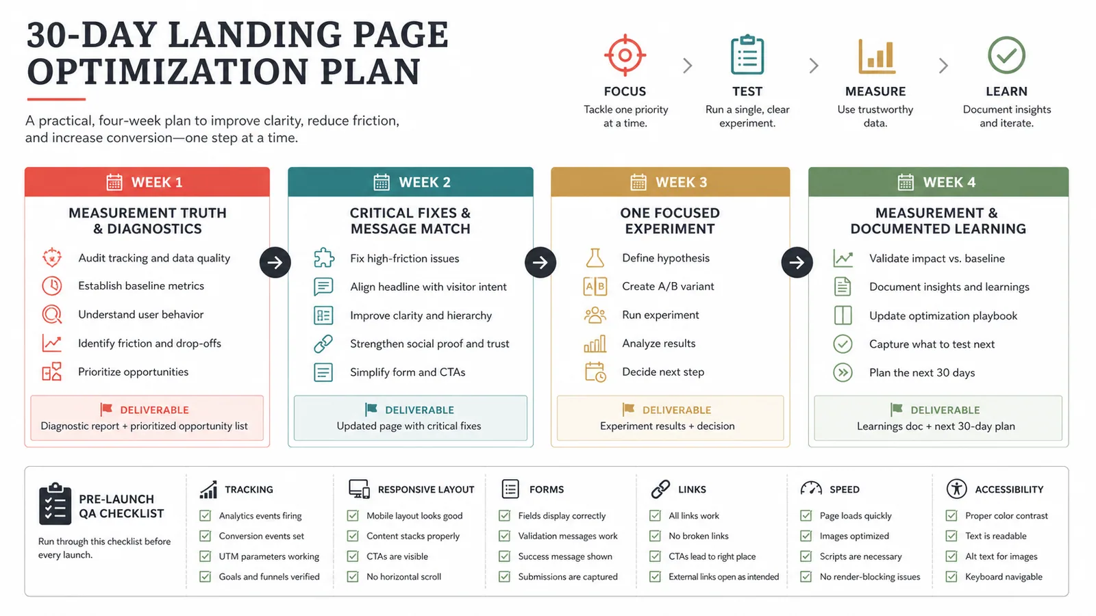 Thirty day landing page optimization plan covering diagnosis fixes experiment and measurement