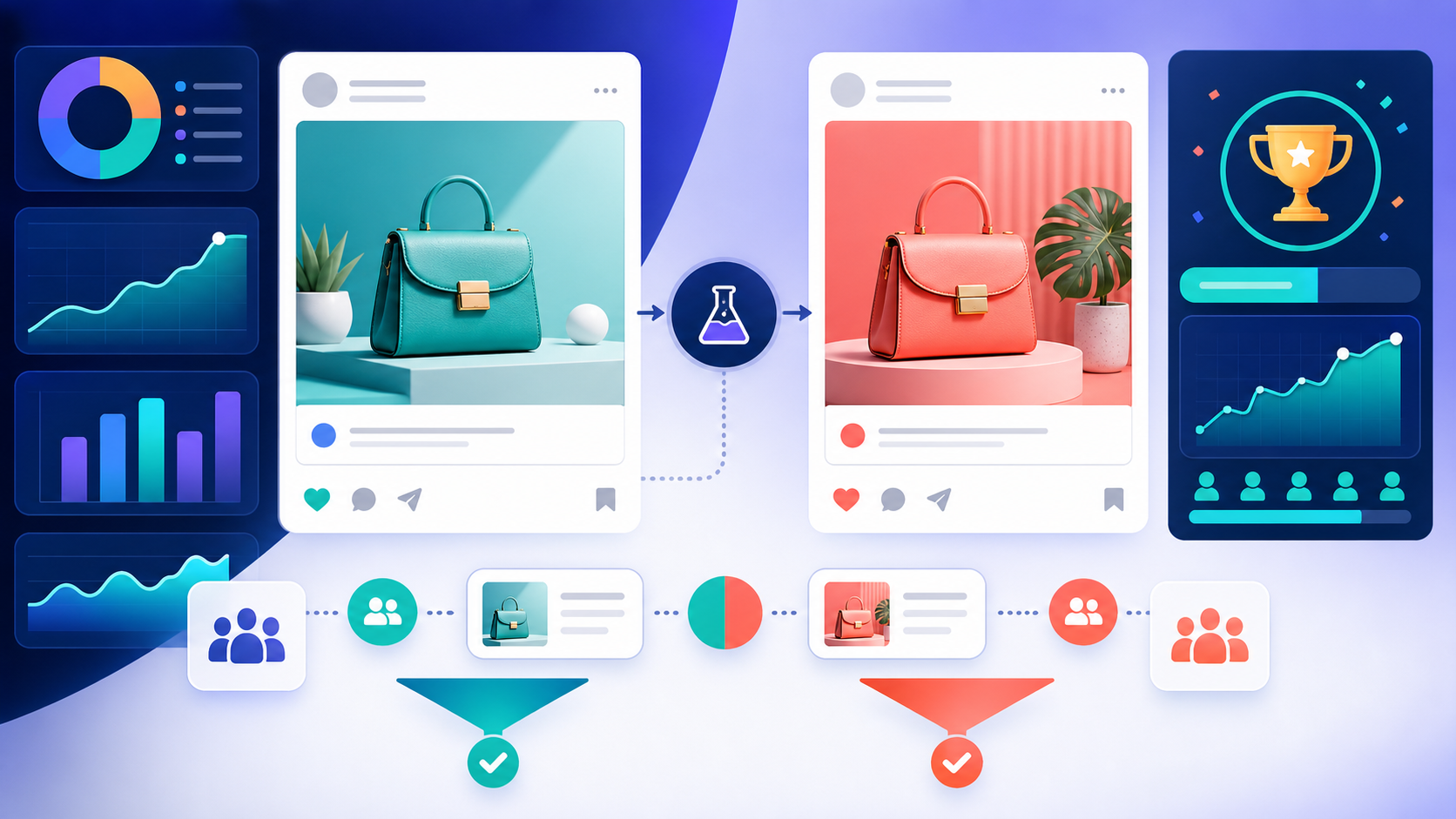 A/B testing ad creatives with two ad variants and conversion analytics dashboard