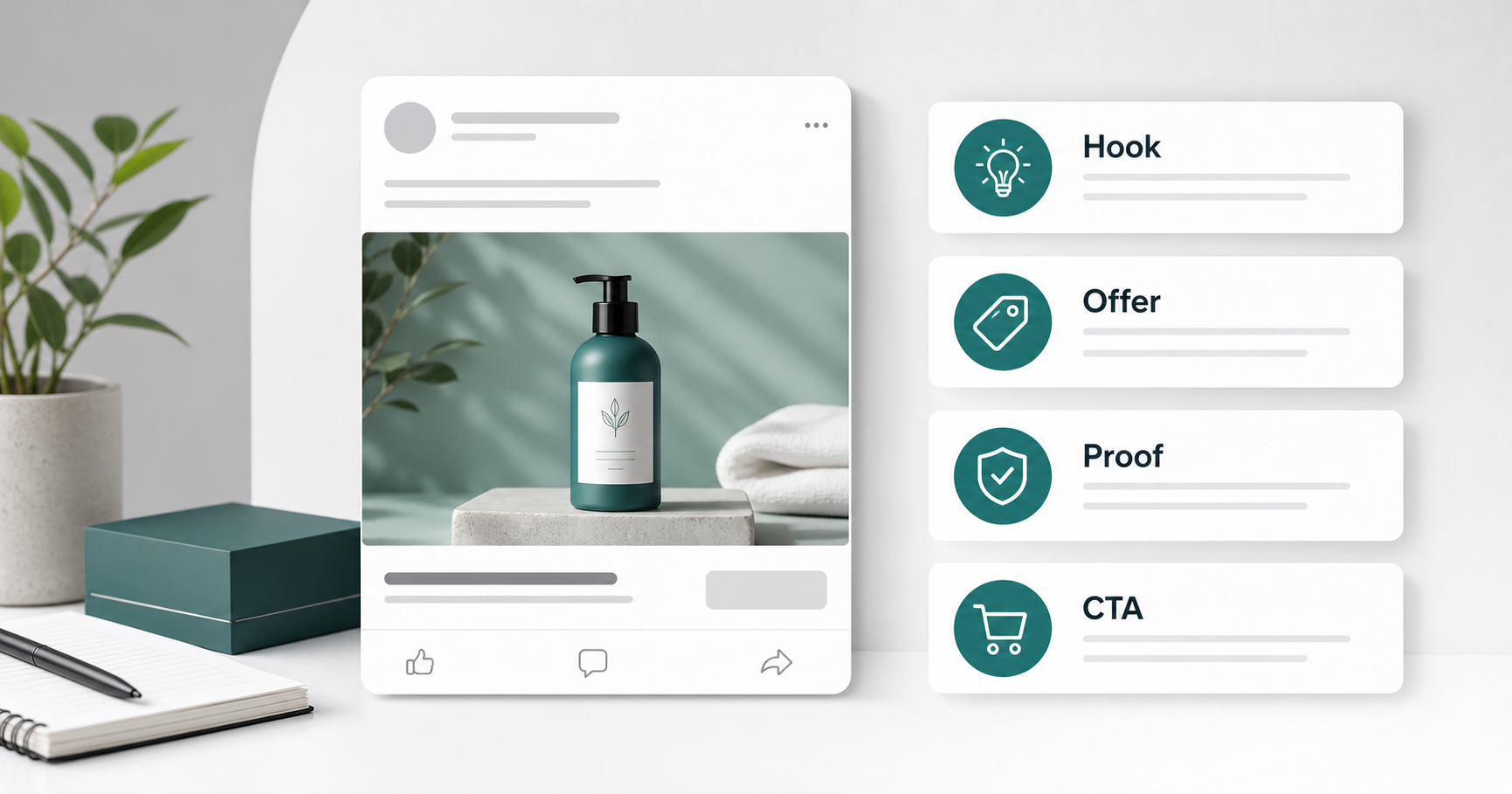 Ecommerce ad copy framework showing hook, offer, proof, and CTA cards.