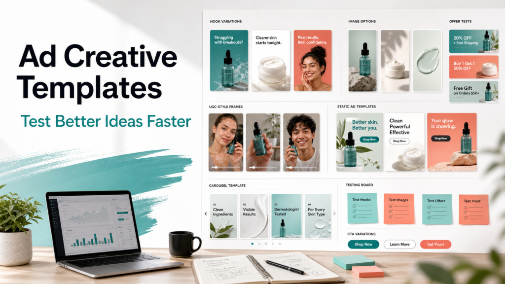 Ad creative templates arranged for testing hooks, offers, proof, visuals, and calls to action
