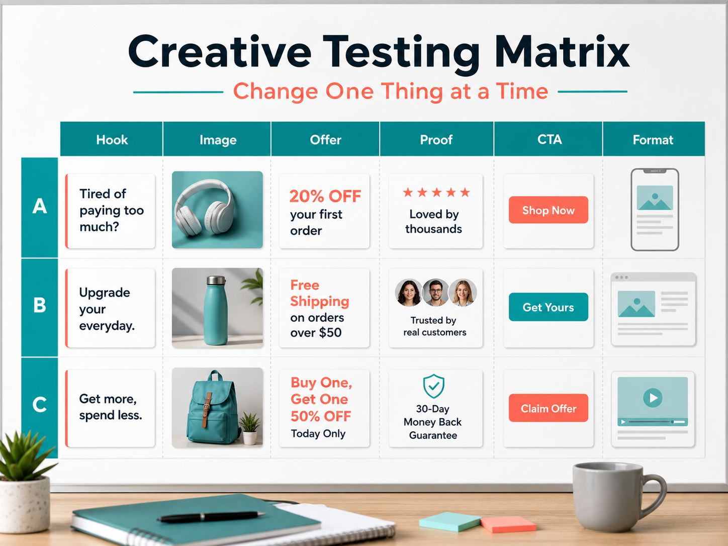 Ad creative templates arranged for testing hooks, offers, proof, visuals, and calls to action