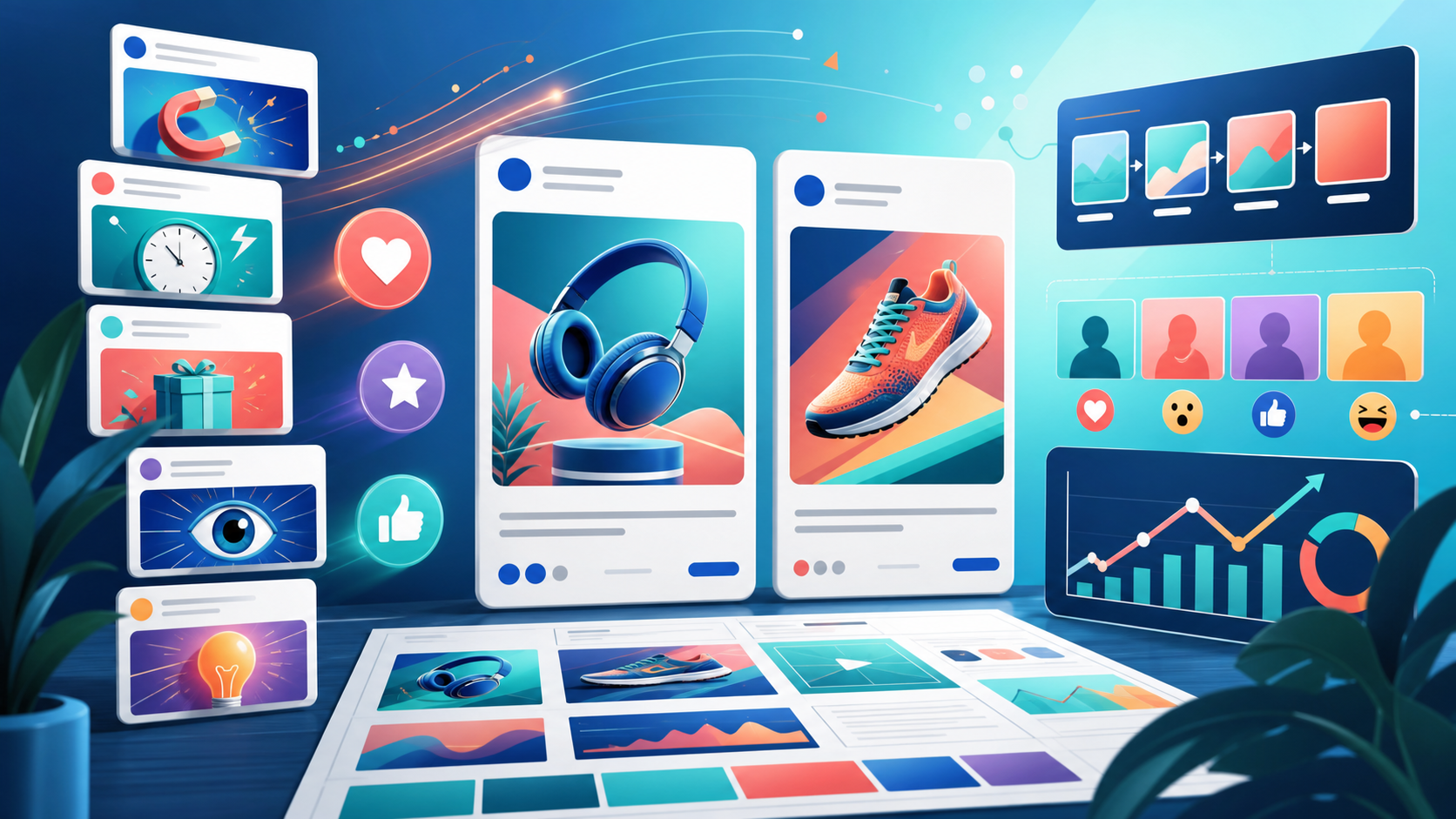 Ad hooks visual with scroll-stopping creative cards and paid social performance charts