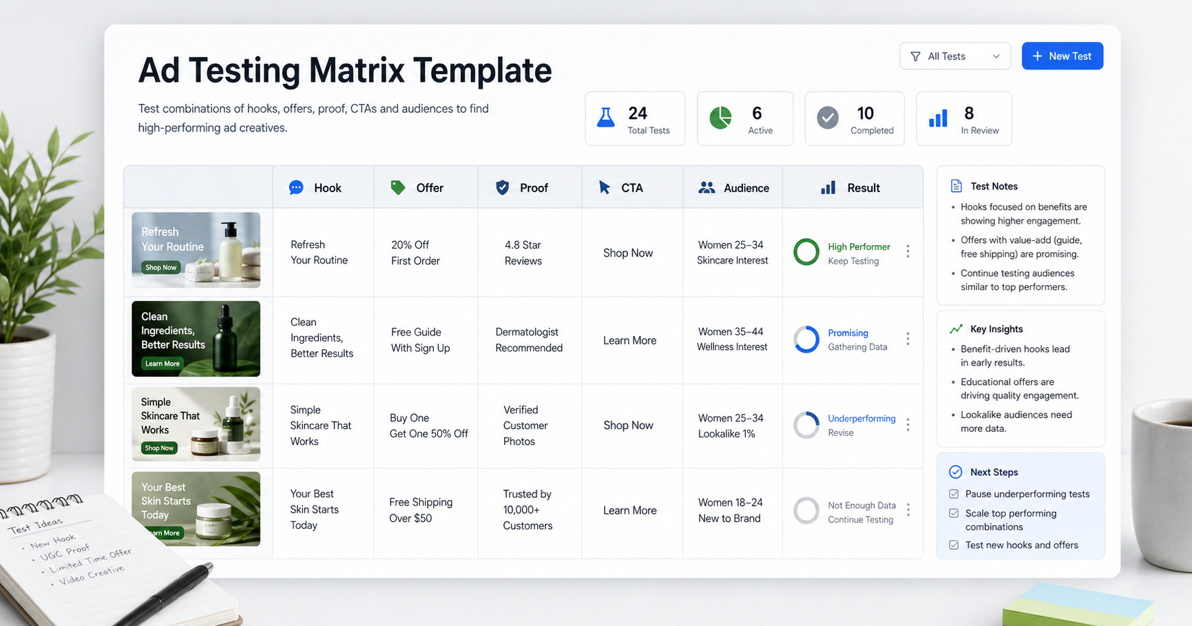 Ad testing matrix dashboard for hooks, offers, proof, CTA, audience, and results.