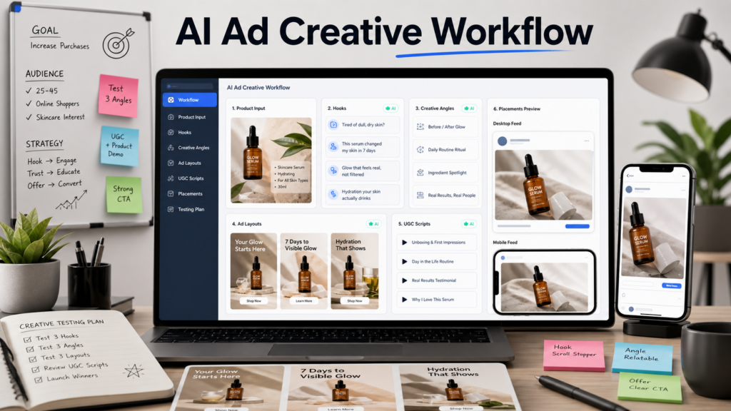 AI ad creative generator workflow for Facebook ads with hooks, layouts, and UGC scripts