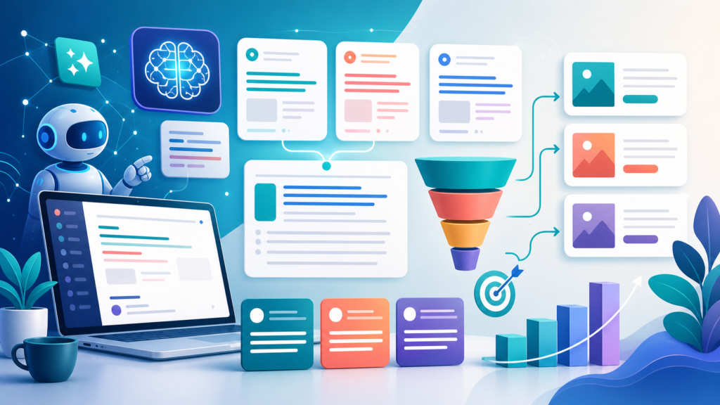 AI copywriting prompts workflow with ad copy cards and conversion funnel visuals