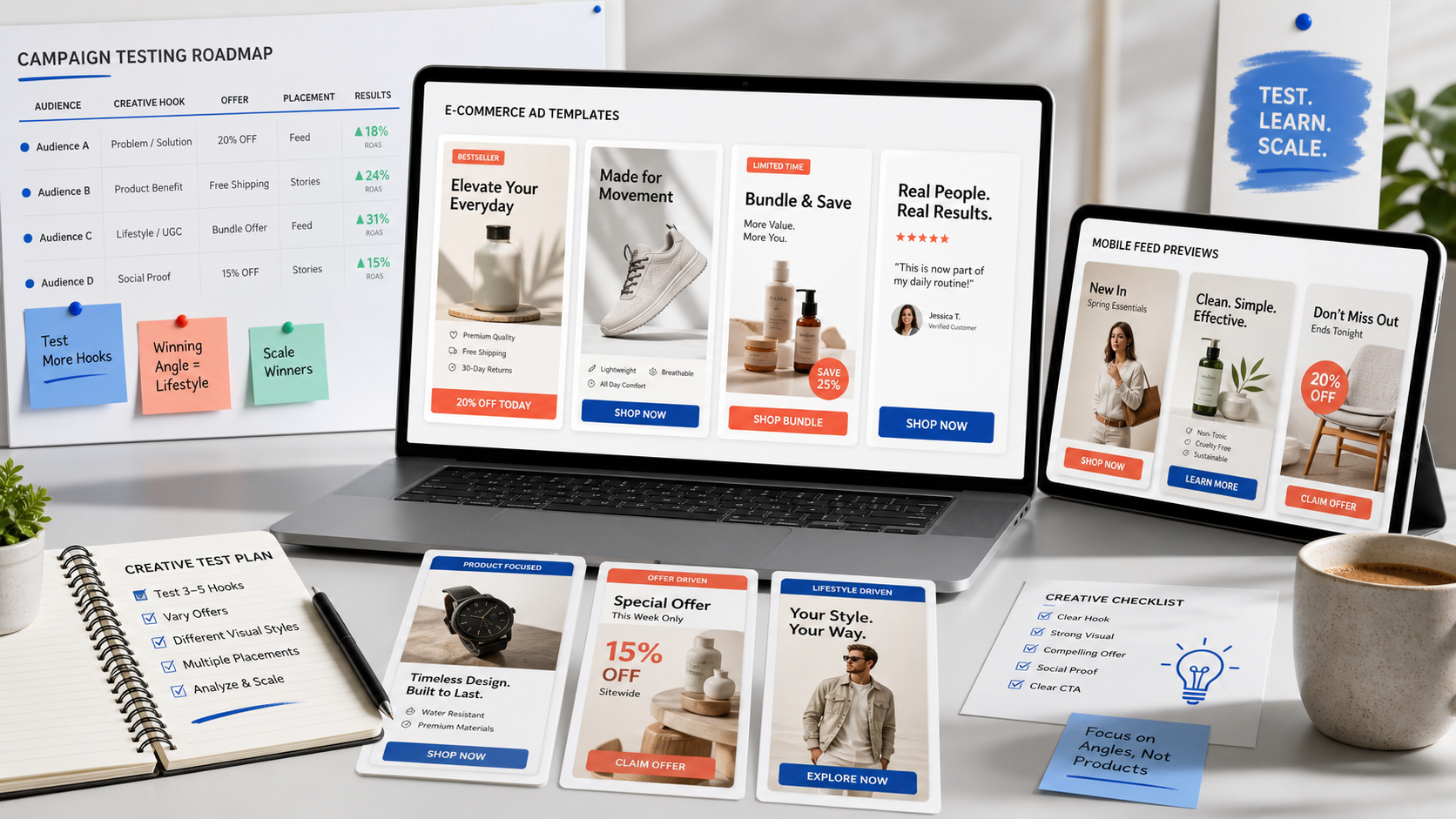 Ecommerce Facebook ad templates with product ads, testing notes, and mobile feed previews