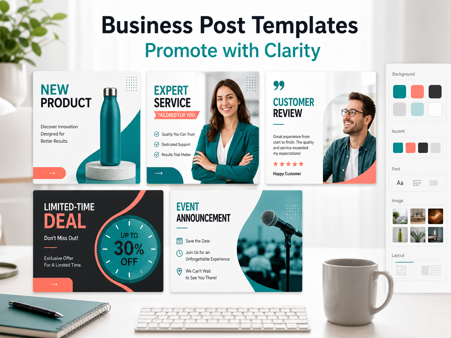Business social media post templates organized for a monthly content calendar