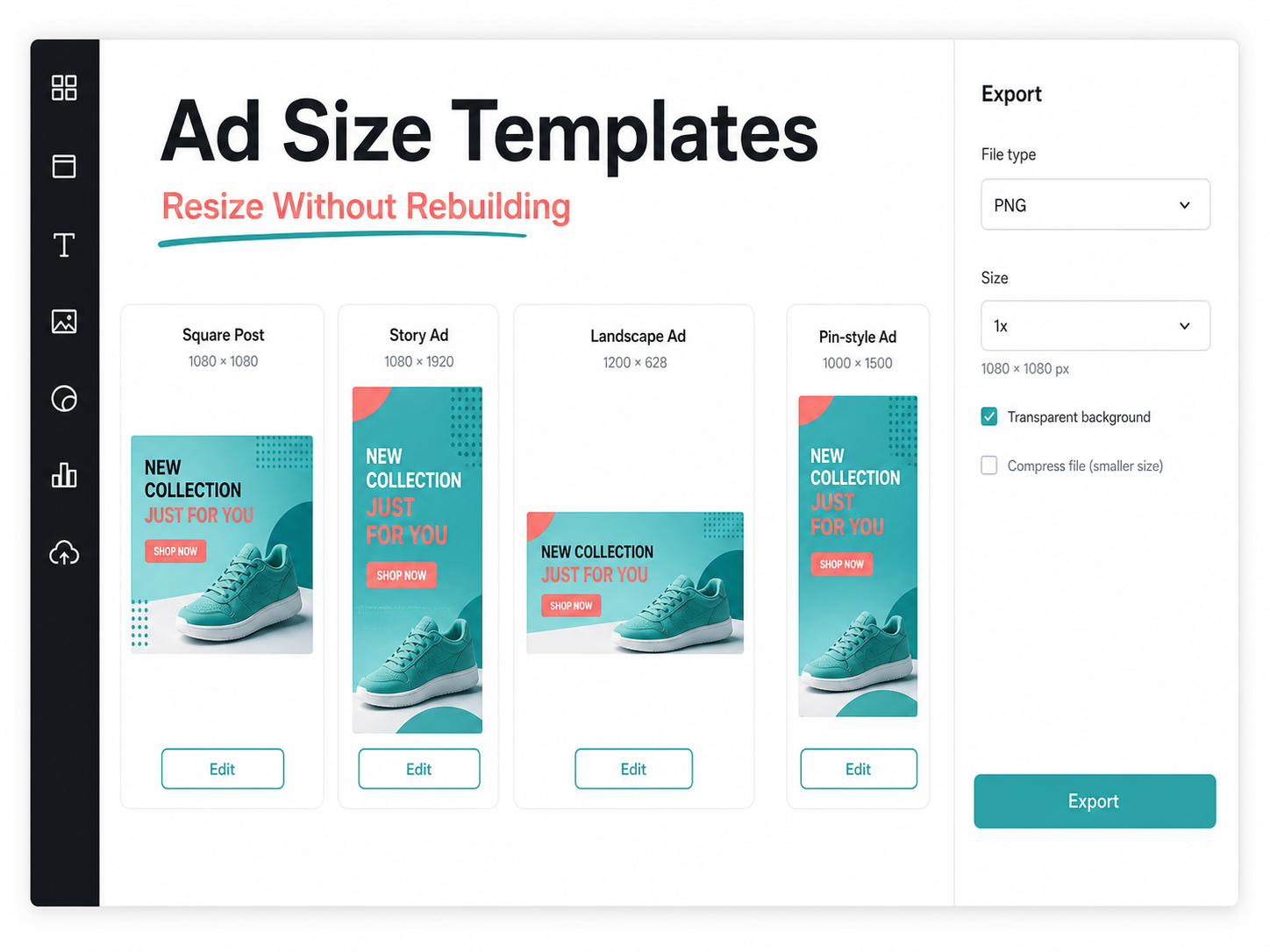 Editable Canva-style ad templates with platform size checks and creative variations