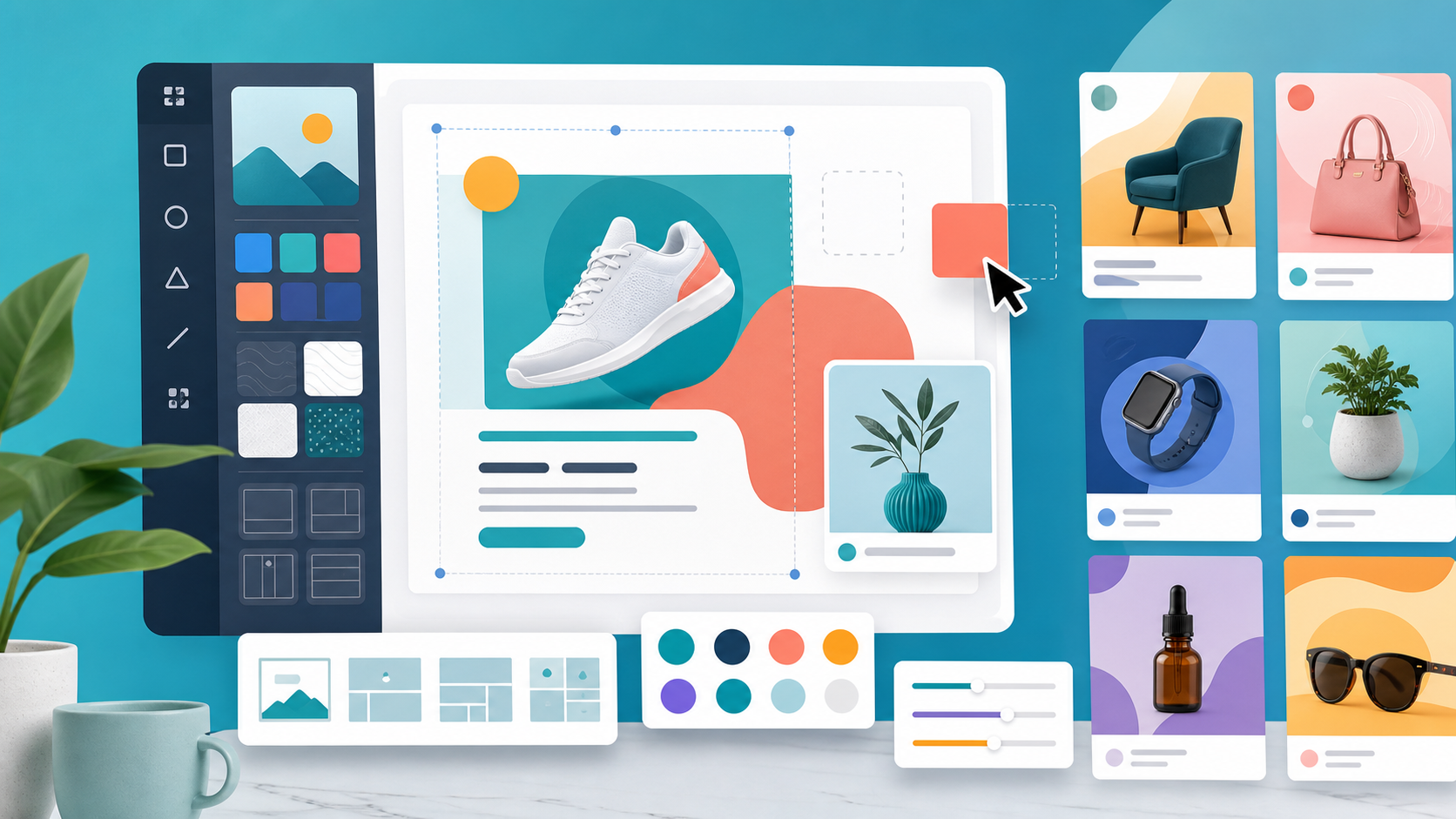 Canva-style editor for Facebook ad templates with product ad layouts and design controls