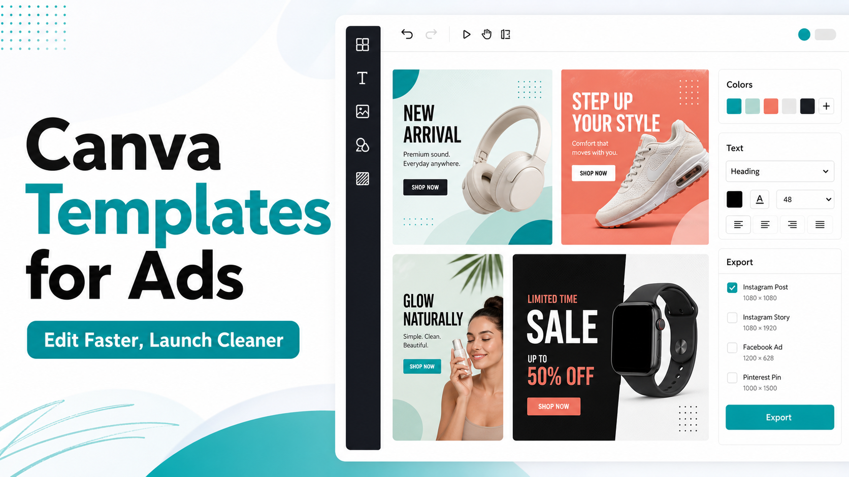 Editable Canva-style ad templates with platform size checks and creative variations