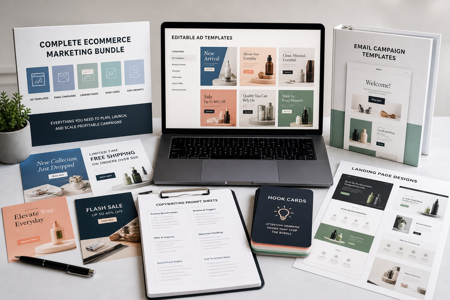 Digital marketing bundle with ecommerce ad templates, email templates, landing page designs, hooks, and copywriting resources