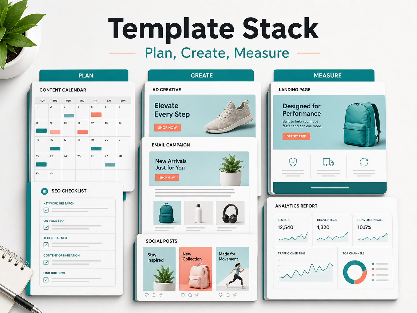 Digital marketing templates organized into planning, creative, launch, and reporting stages