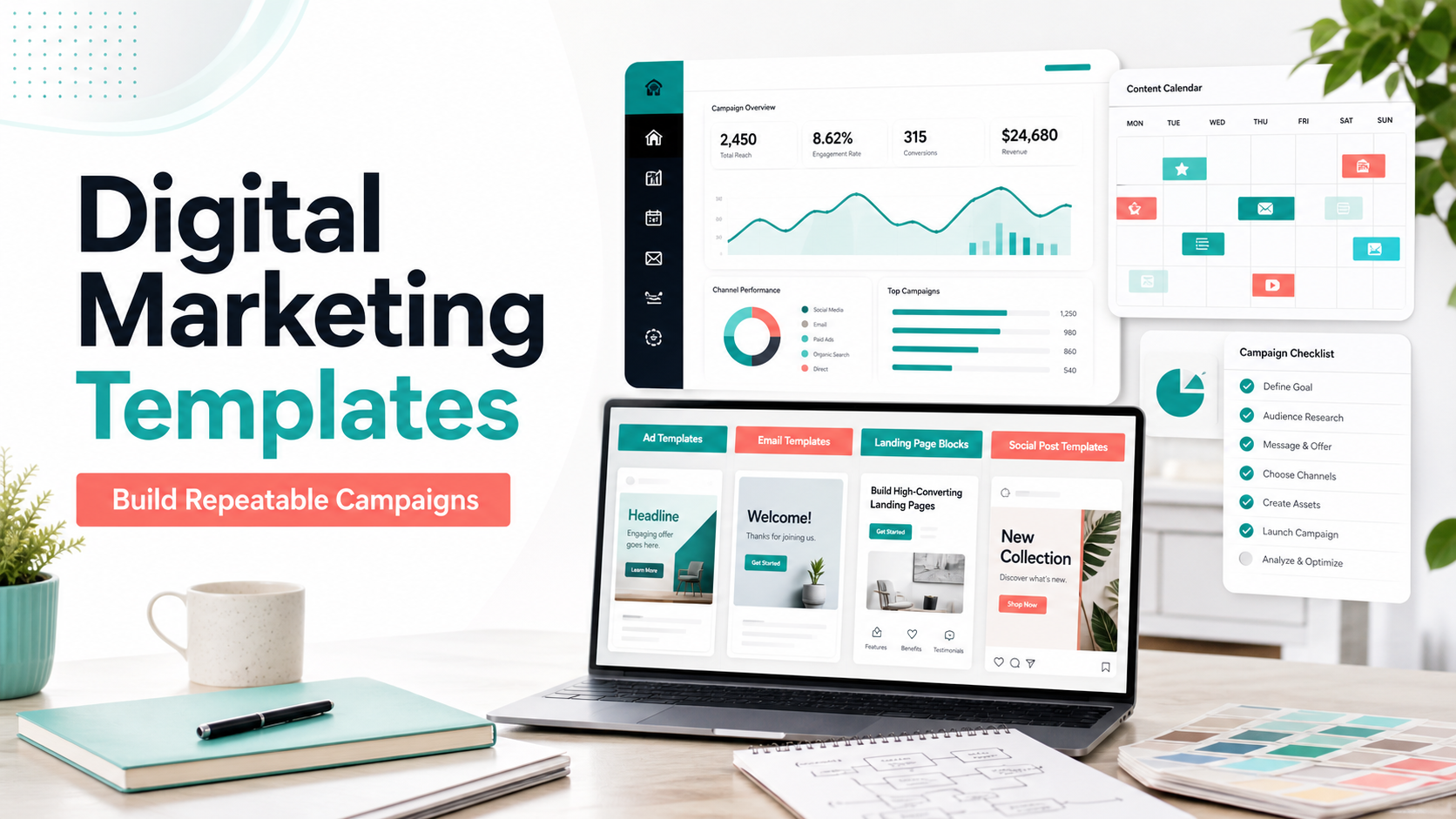 Digital marketing templates organized into planning, creative, launch, and reporting stages