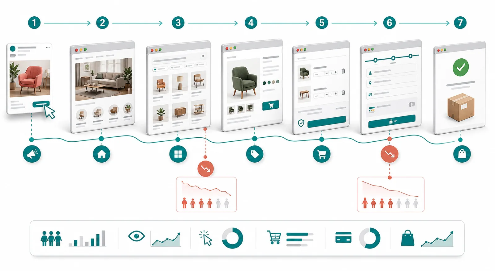 Ecommerce conversion funnel from ad click to completed purchase with drop-off points