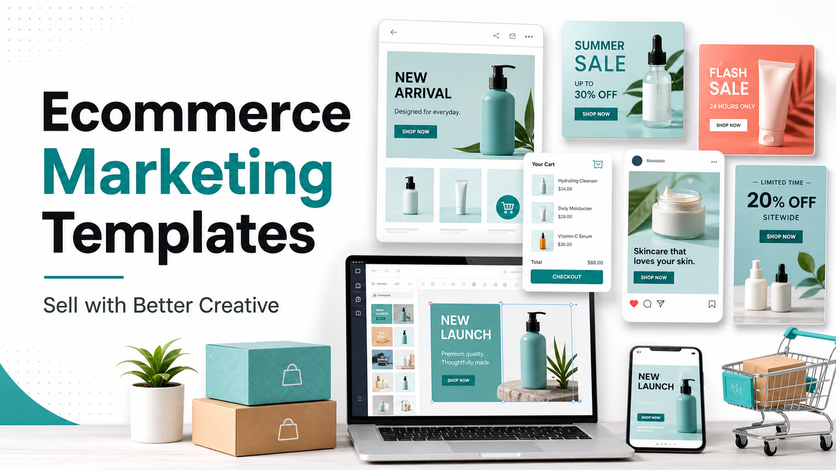 Ecommerce marketing templates for product launches, sale banners, and retargeting ads