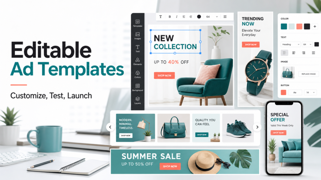 Editable ad templates hero image showing customizable ecommerce ad layouts and design editor panels