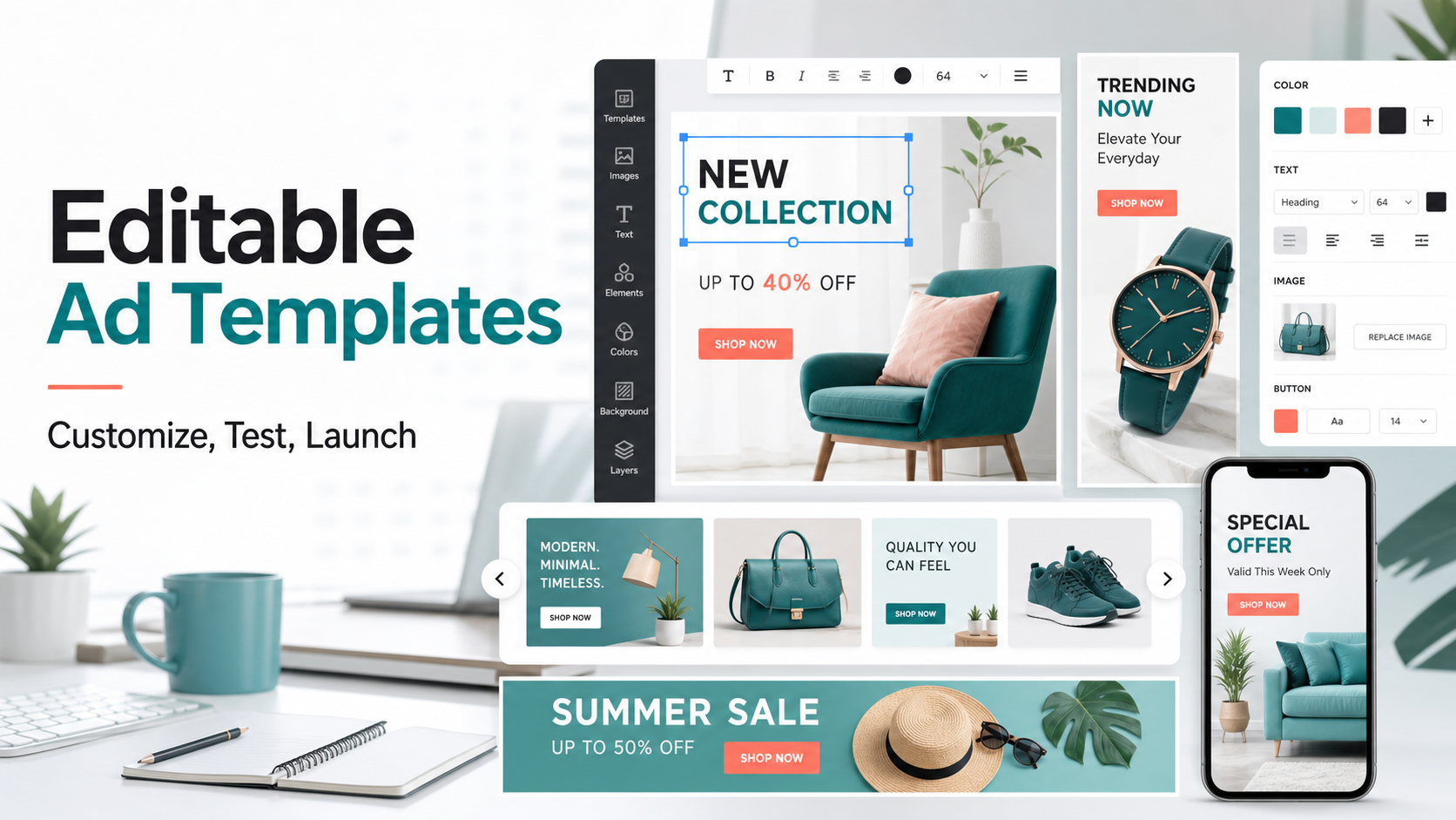 Editable ad templates hero image showing customizable ecommerce ad layouts and design editor panels