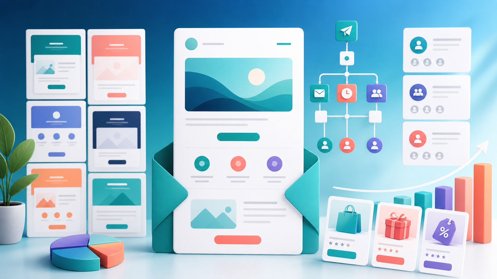Email marketing templates with automation workflow and ecommerce conversion cards