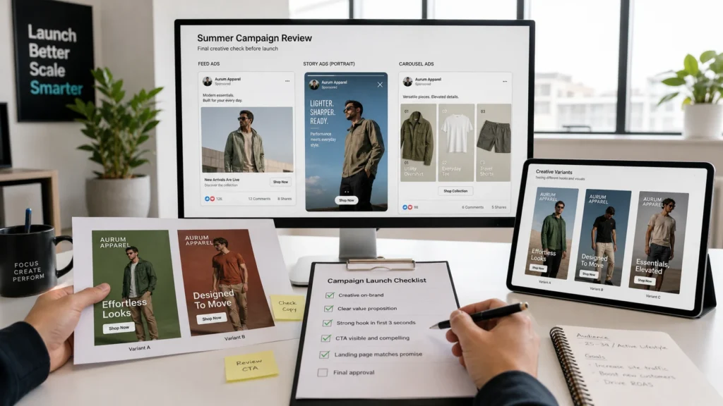 Facebook ad creative review session comparing feed, story, and carousel mockups before launch