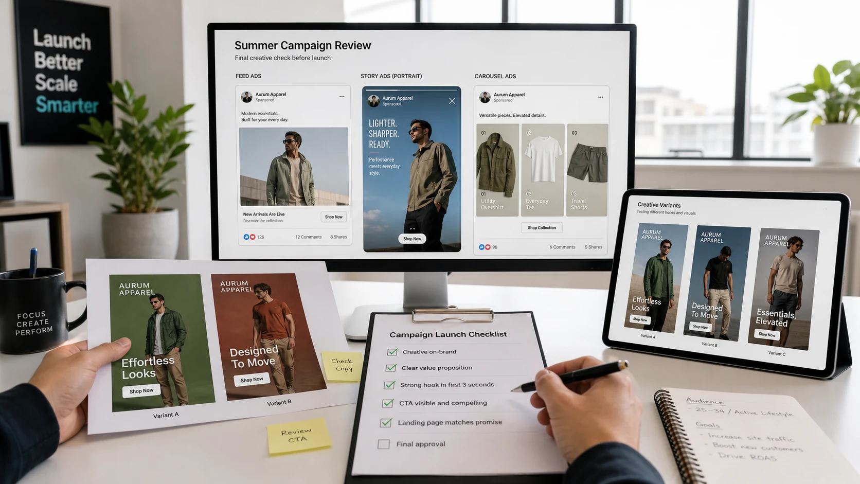 Facebook ad creative review session comparing feed, story, and carousel mockups before launch