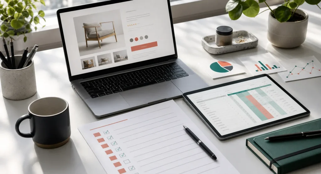 Ecommerce CRO checklist spreadsheet beside an optimized product page