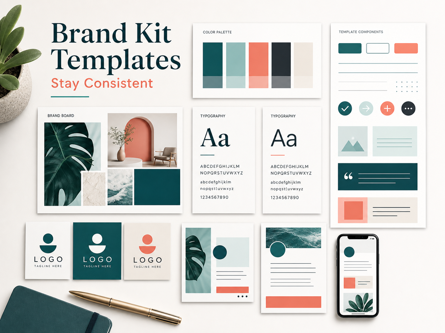 Brand kit graphic design templates with colors, typography, logos, and reusable design components