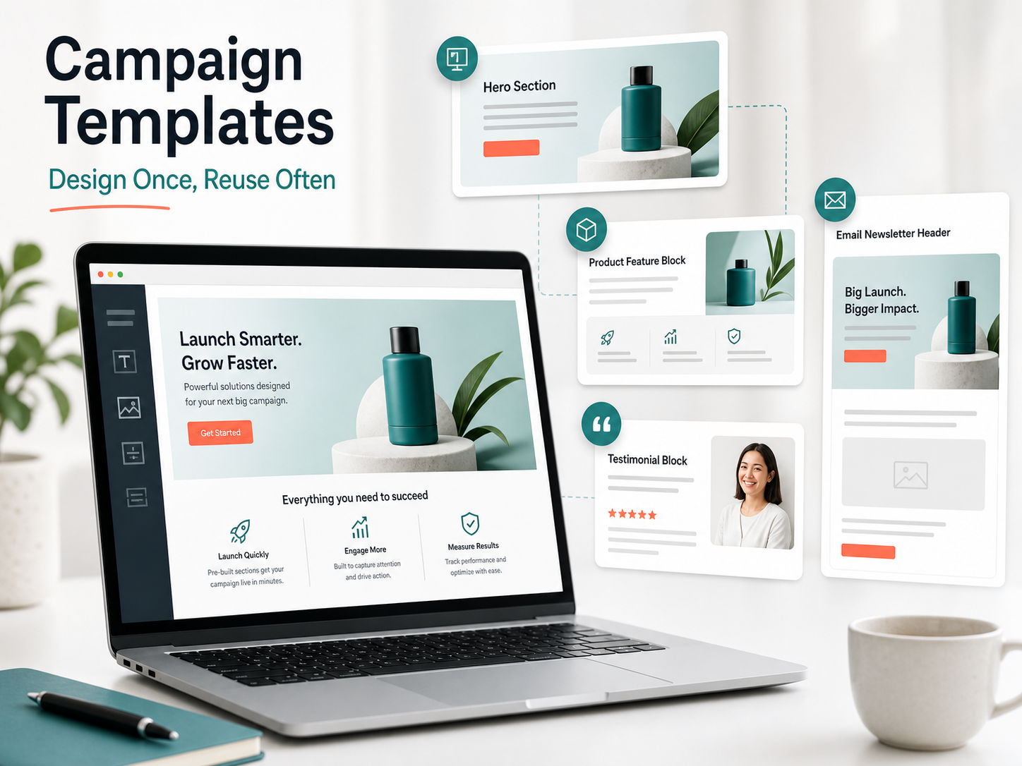 Campaign graphic design templates for landing pages, email headers, hero sections, and product blocks