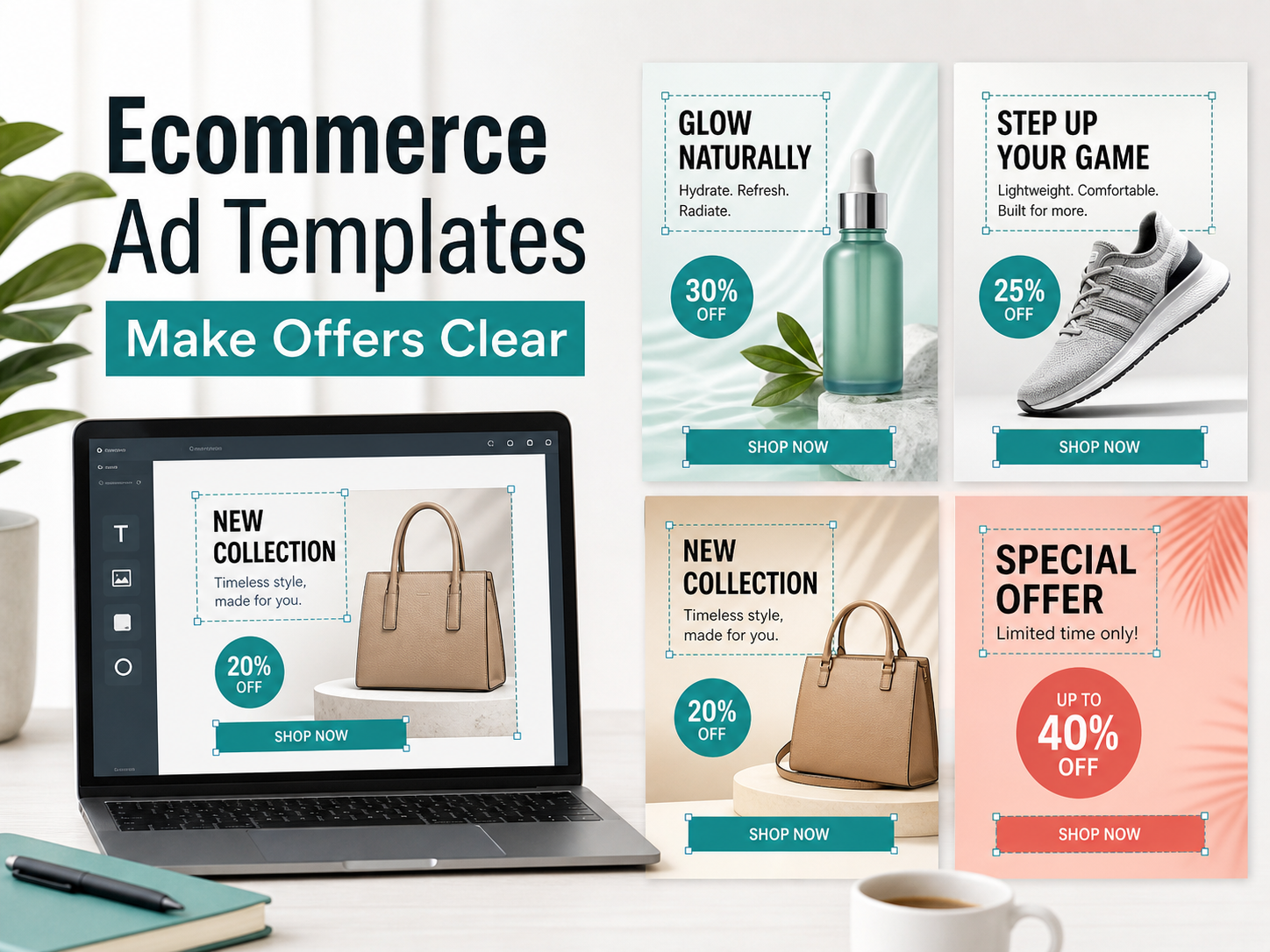 Ecommerce ad graphic design templates with clear product offers and call to action layouts