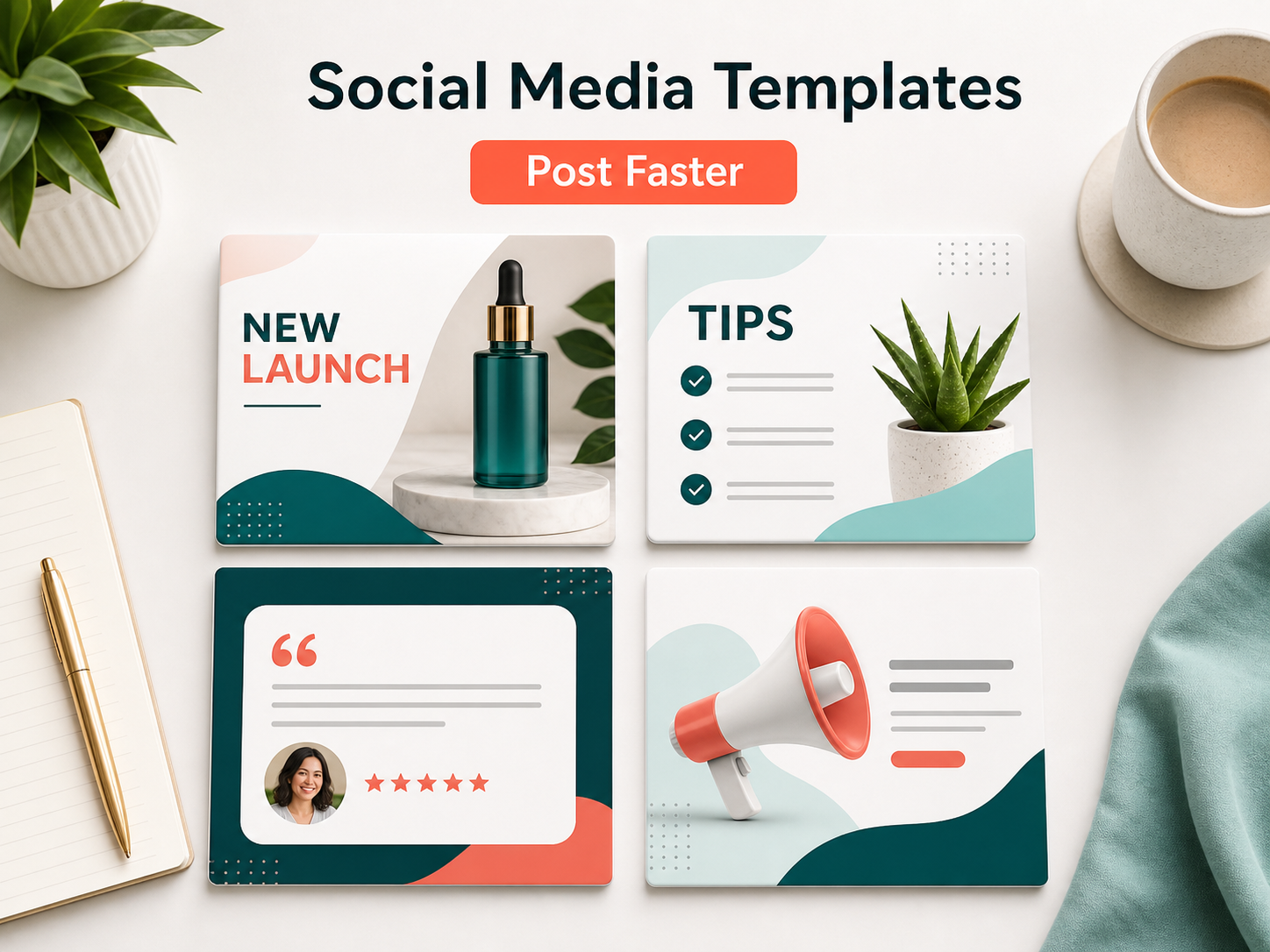 Social media graphic design templates for launches, tips posts, testimonials, and announcements