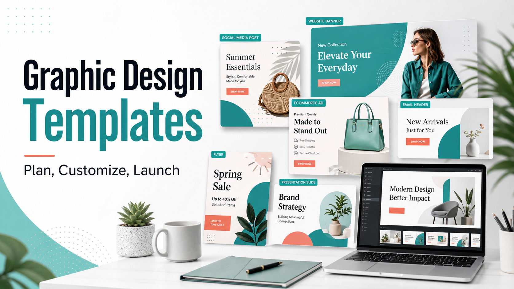 Graphic design templates hero image with editable marketing layouts for social posts, ads, email, and banners