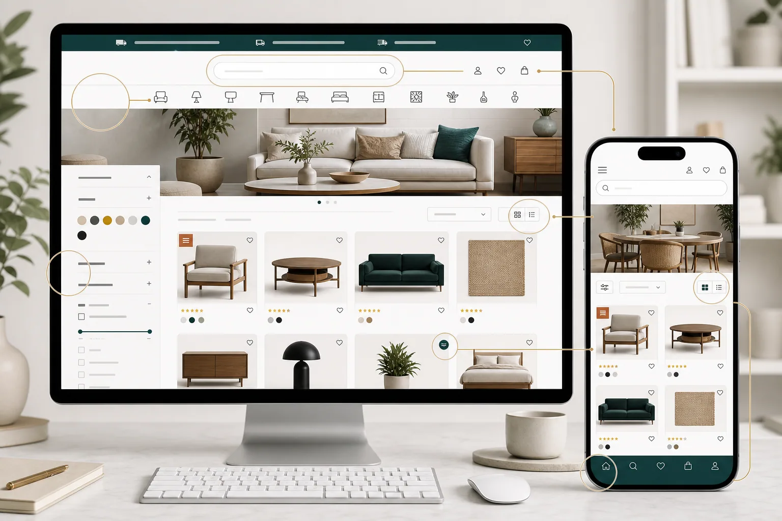 Responsive ecommerce homepage and collection page with search filters and product cards