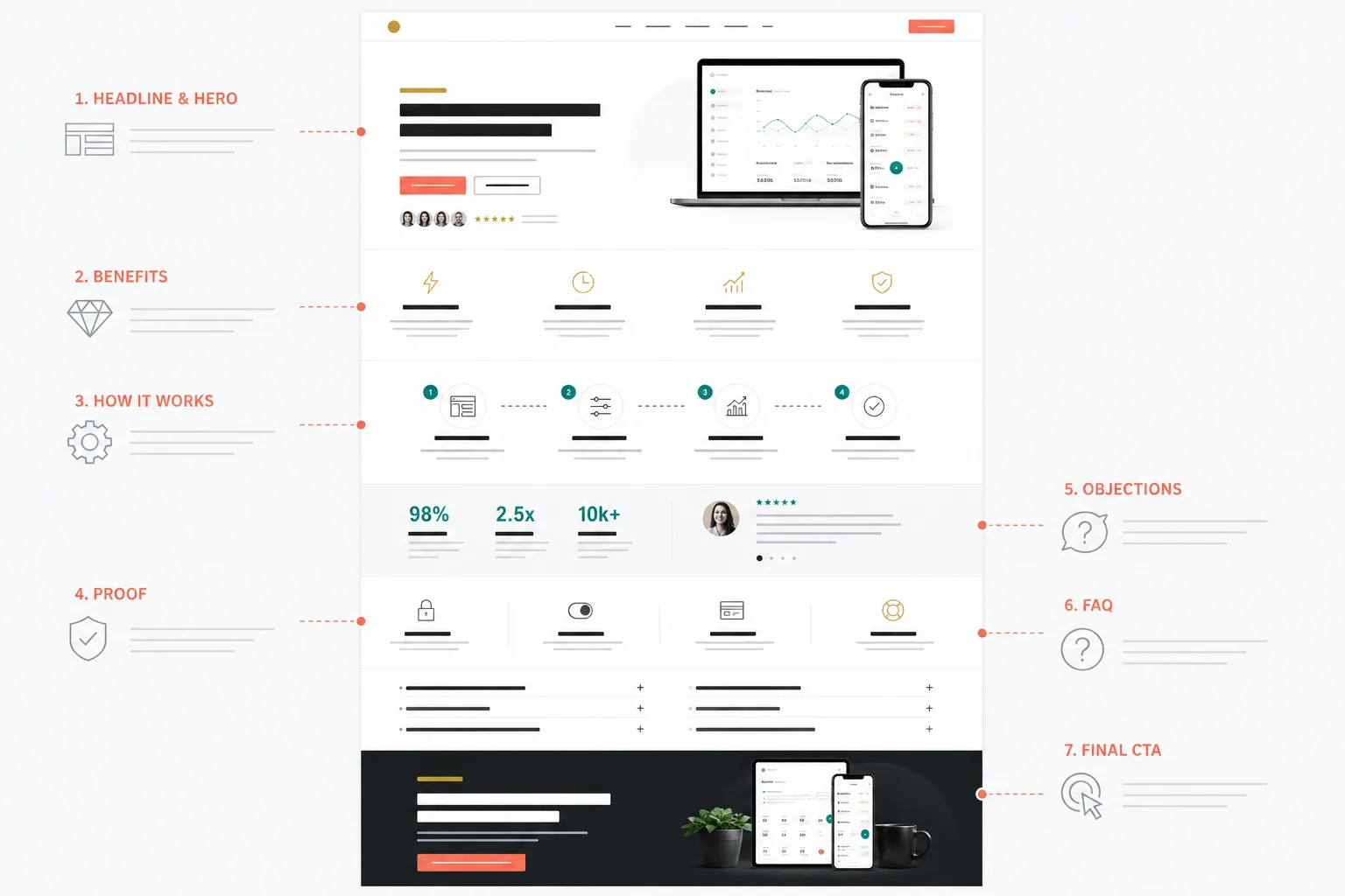 Annotated high-converting landing page anatomy from hero promise to proof objections and CTA