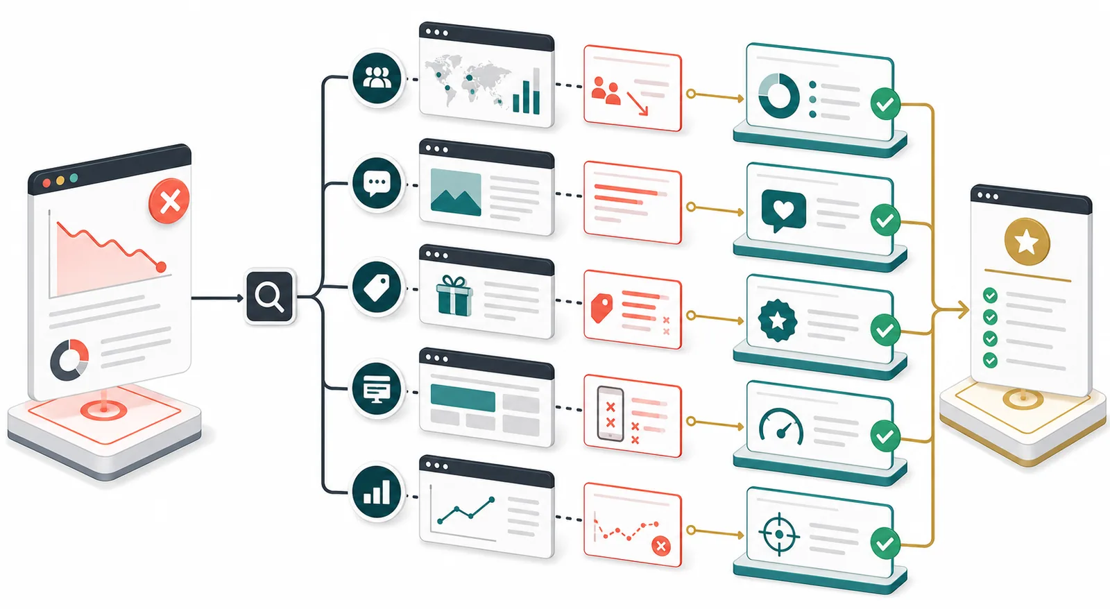 Landing page diagnostic system mapping conversion symptoms to evidence and likely causes