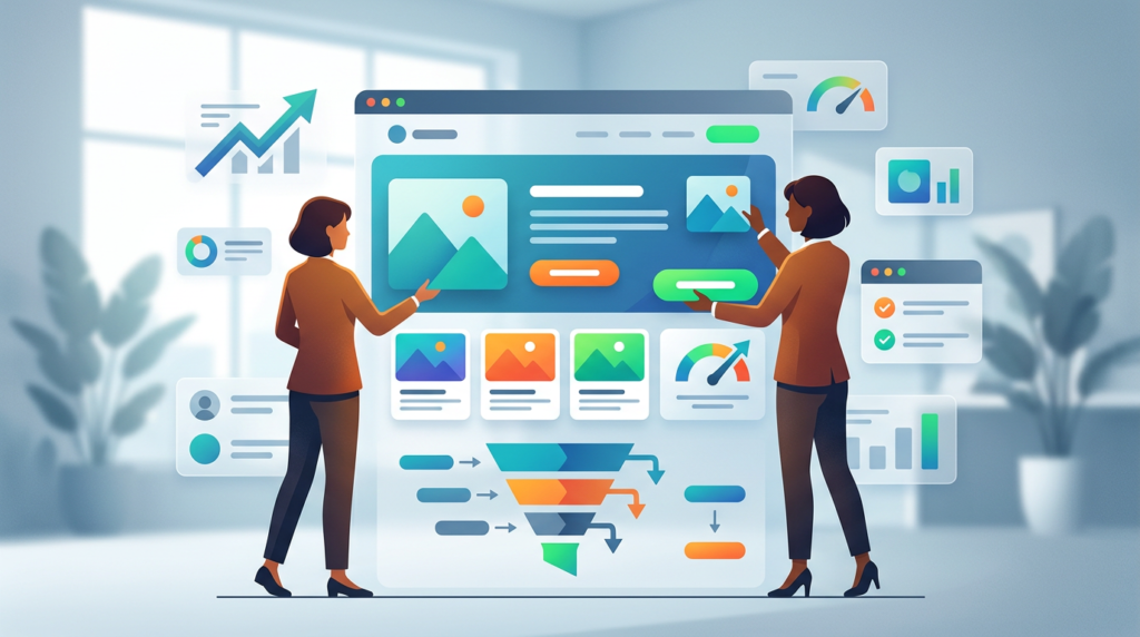 Landing page optimization visual with conversion funnel and page section blocks
