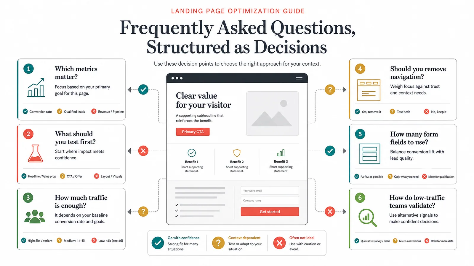 Landing page optimization questions organized around metrics testing traffic and page experience