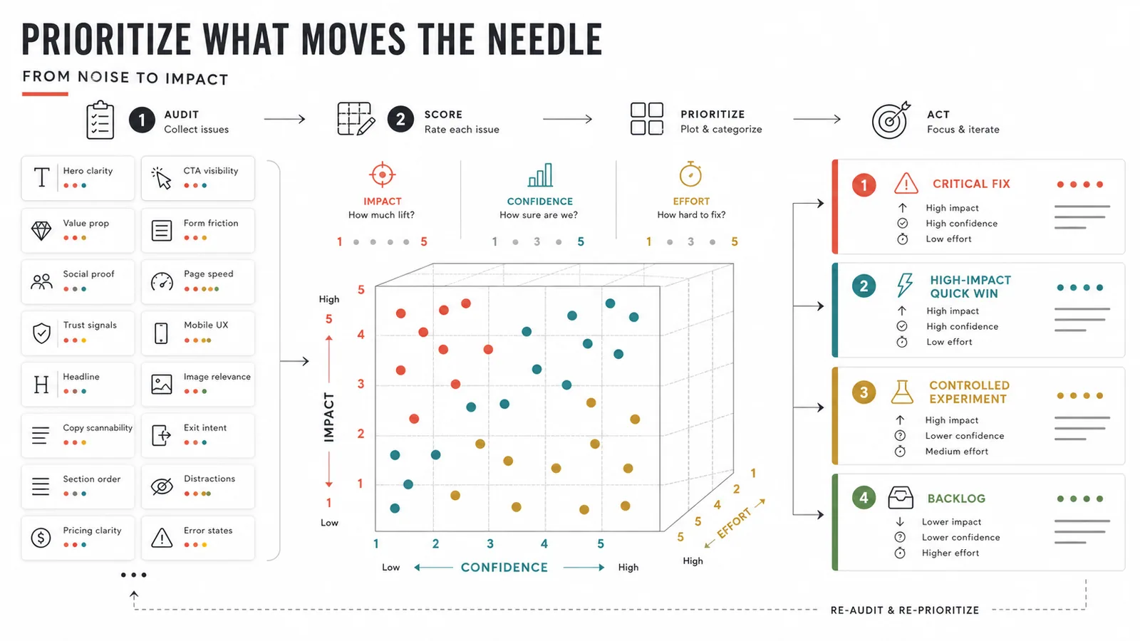 Landing page optimization issues ranked into critical fixes quick wins experiments and backlog