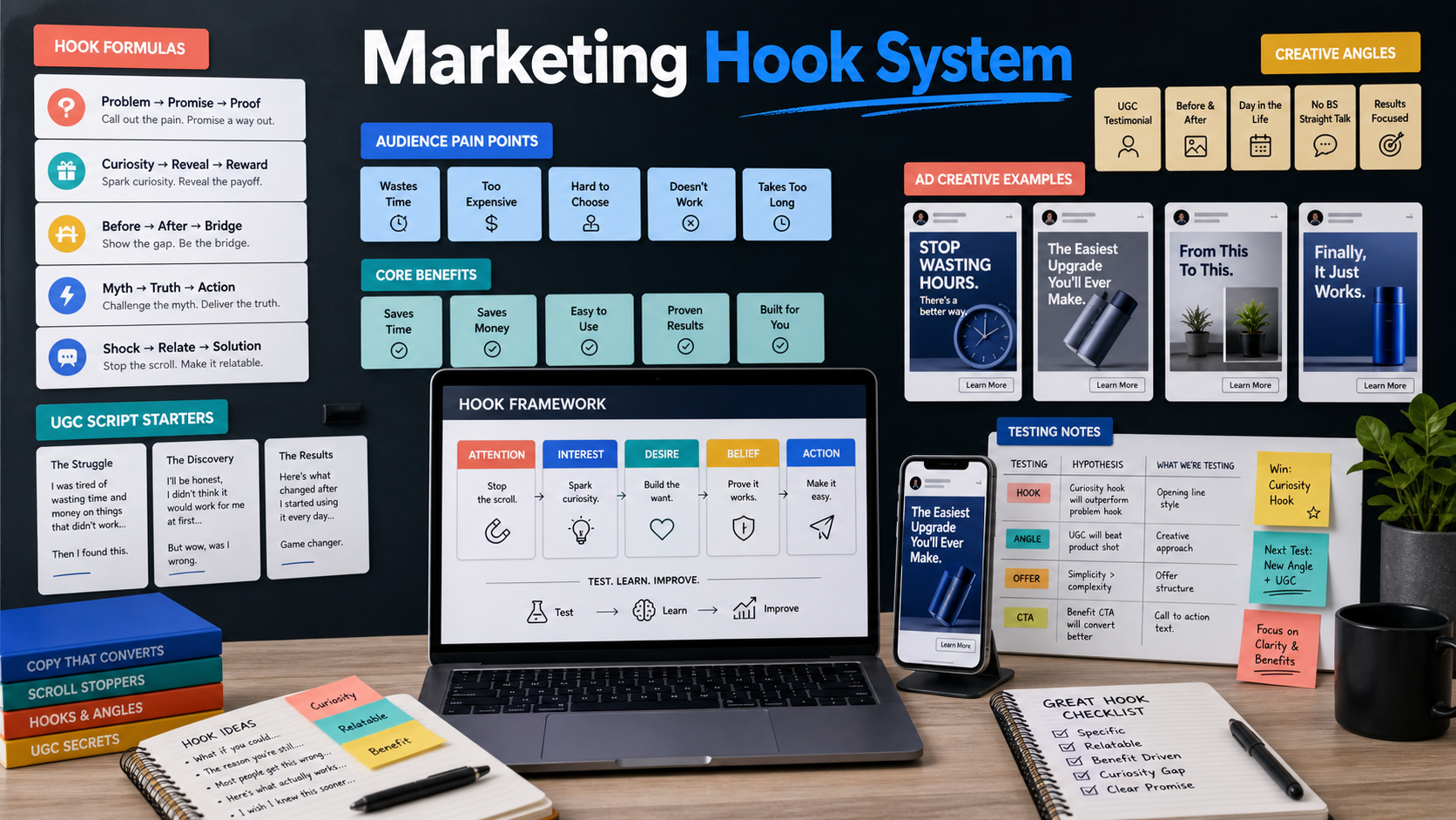 Marketing hook system strategy board with formulas, ad examples, UGC script starters, and testing notes
