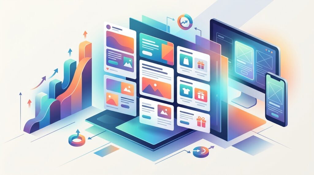 Meta ad templates with abstract ad creative cards and conversion chart visuals