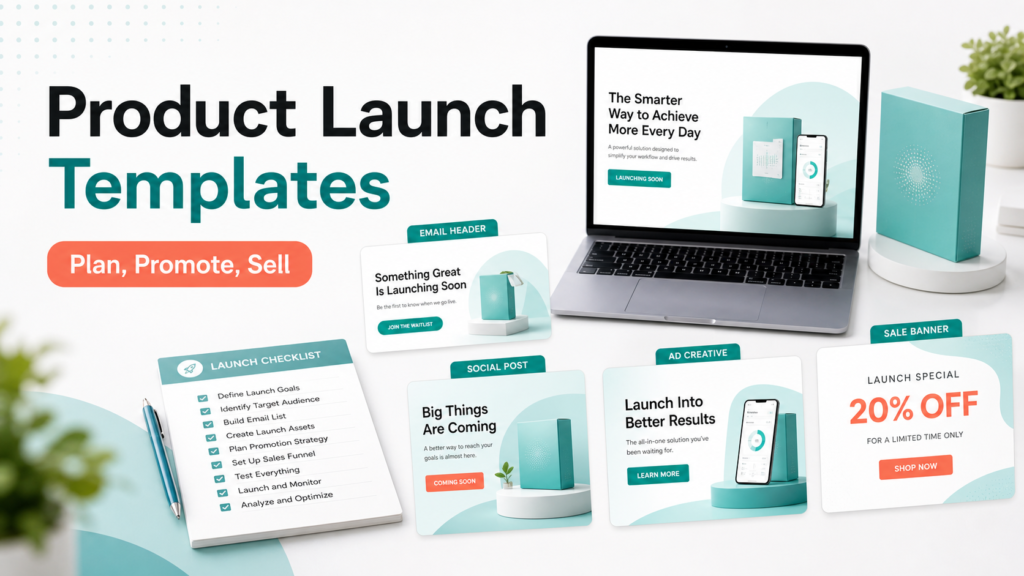 Product launch templates arranged as a campaign timeline and asset checklist