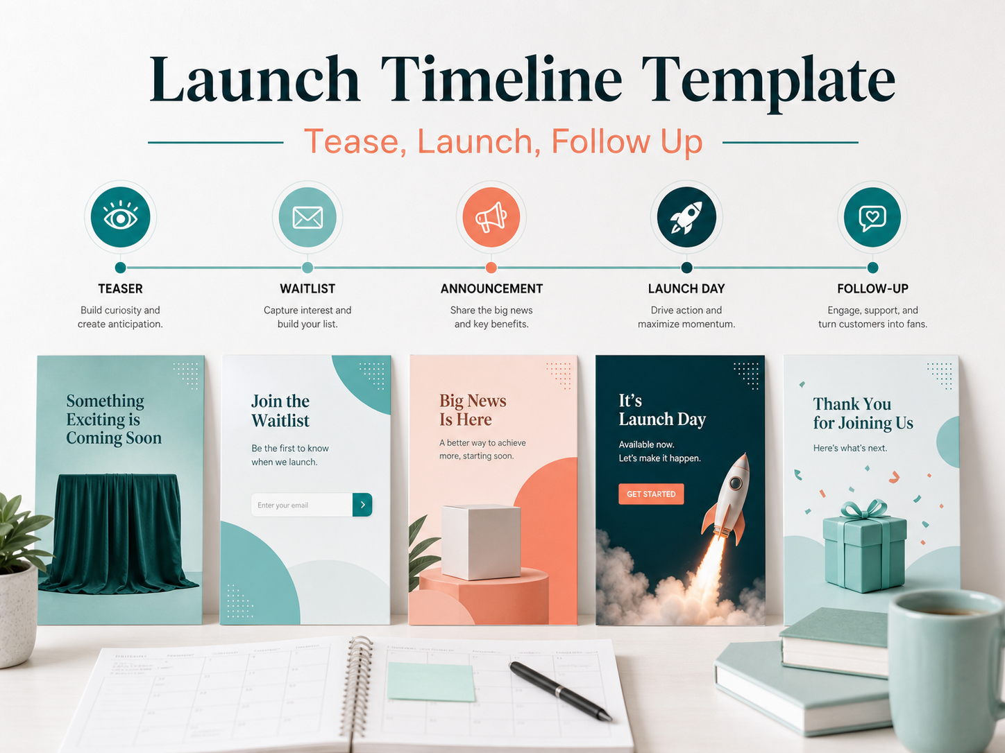 Product launch templates arranged as a campaign timeline and asset checklist