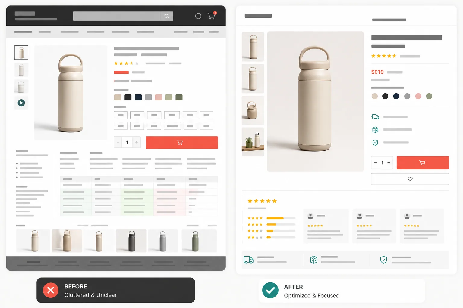 Before and after comparison of an ecommerce product page CRO audit