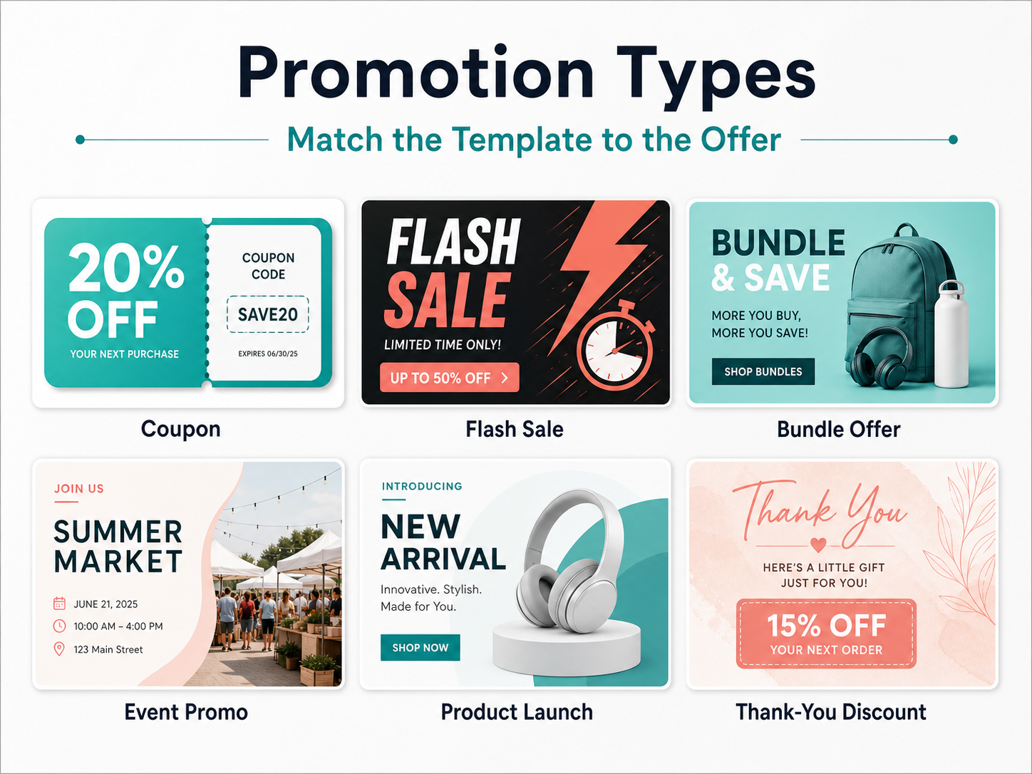 Promotional templates for coupons, flash sales, bundles, and limited-time offers