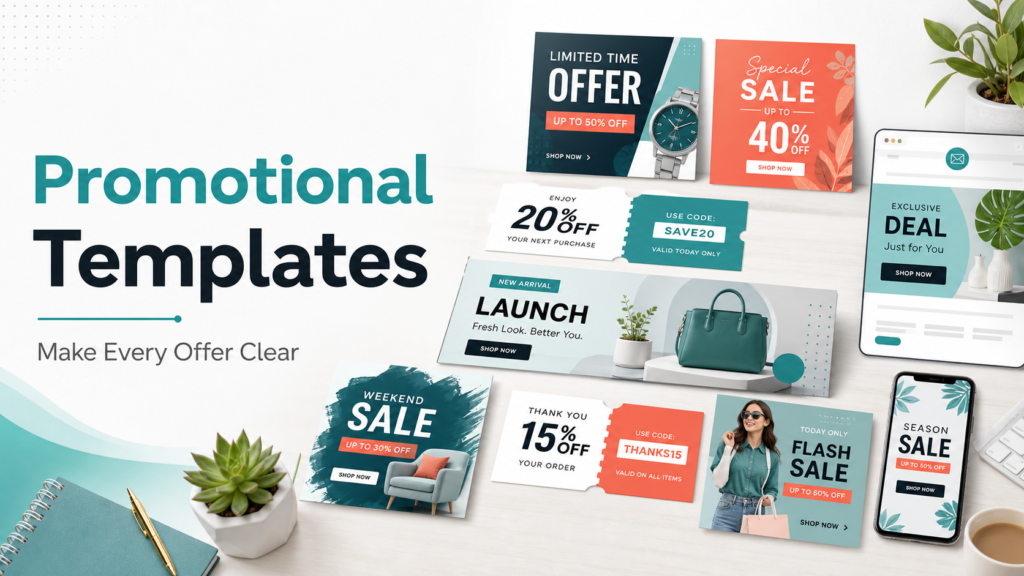 Promotional templates for coupons, flash sales, bundles, and limited-time offers