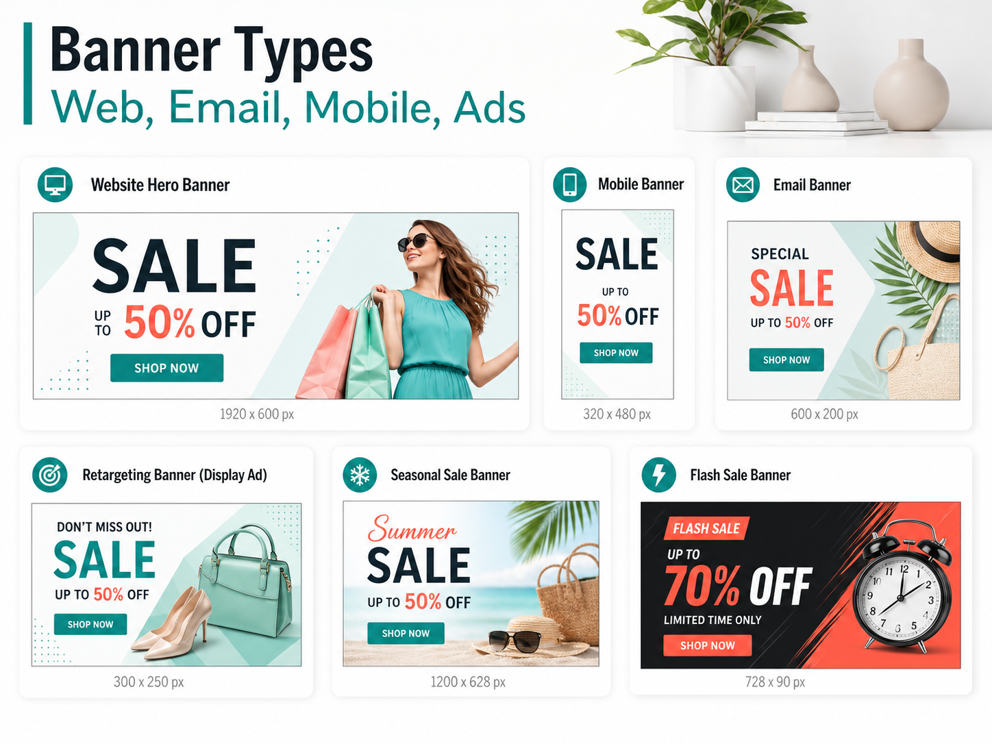 Sale banner templates showing clear discount offers for ecommerce and advertising placements