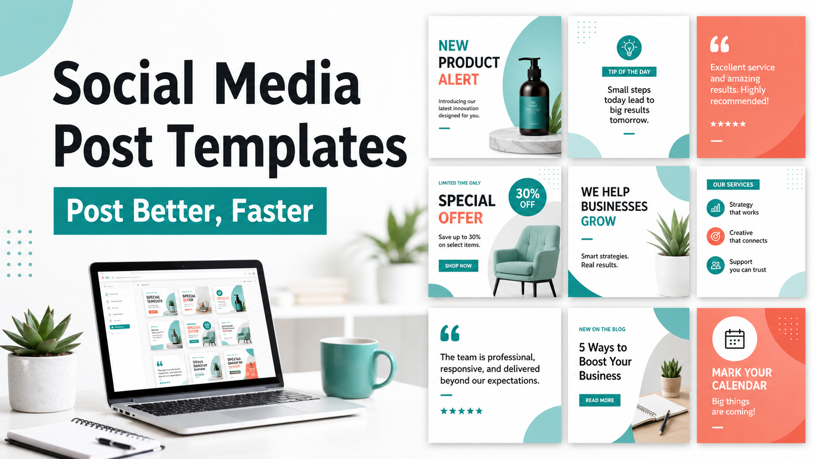 Business social media post templates organized for a monthly content calendar