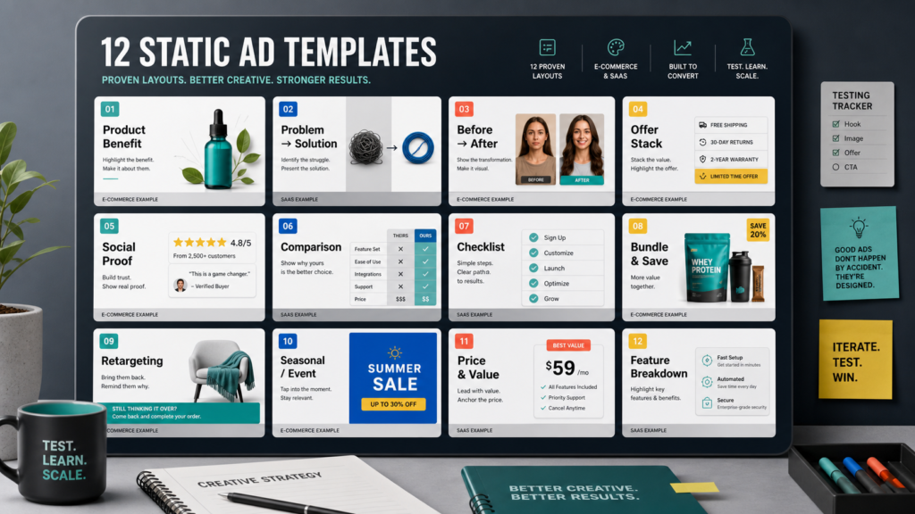 Twelve static ad template layouts for Facebook and Instagram campaigns